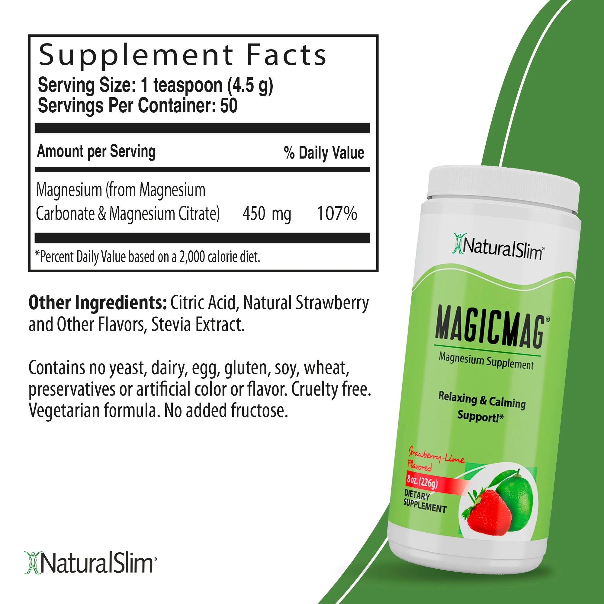 MAGICMAG Strawberry-Lime | Magnesium Supplement | Relaxing and Calming Support - supplement facts label