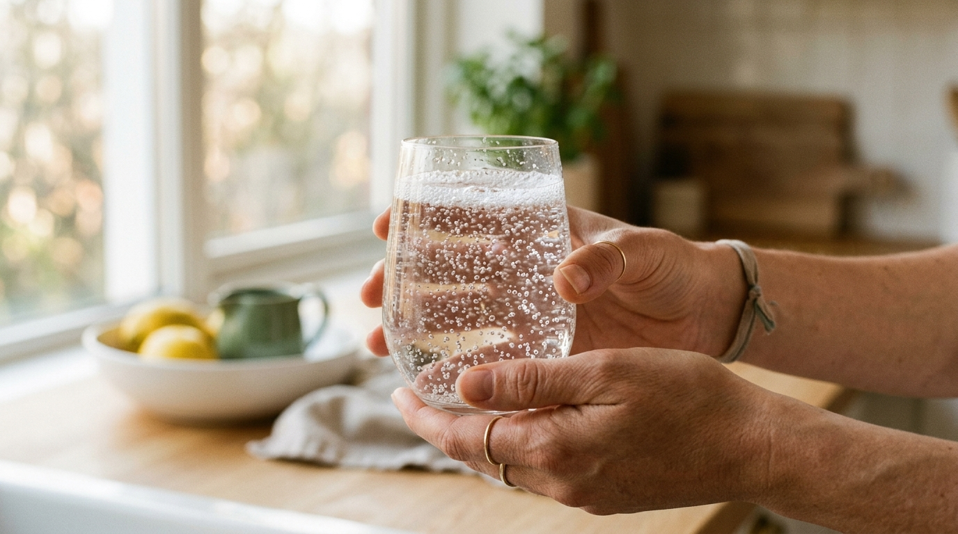Hands holding a glass of effervescent water — magnesium citrate