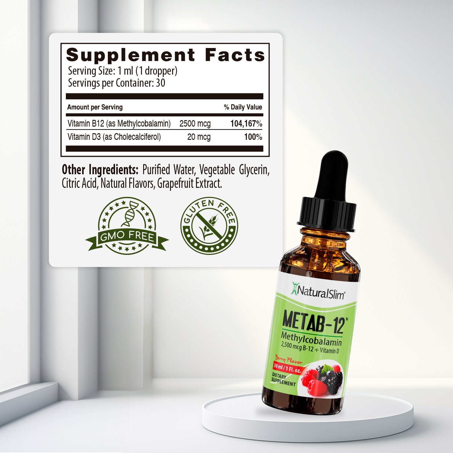 Metab-12 | Berry Liquid Vitamin B-12 (methylcobalamin) + Vitamin D